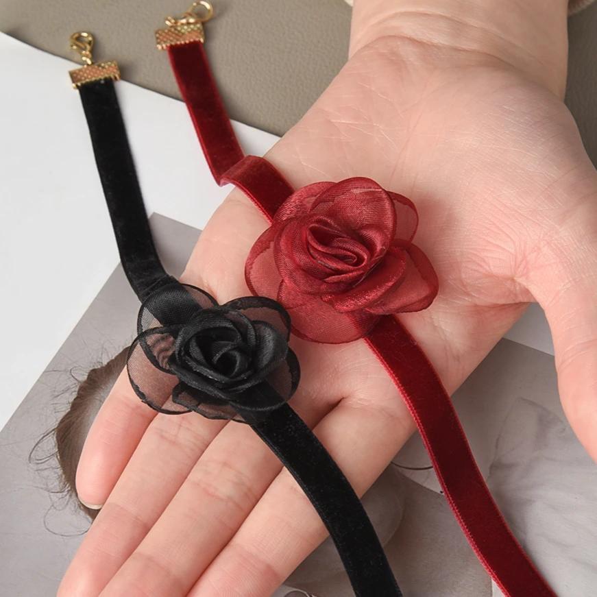 Lady Elegant Mesh Flower Necklace Women Comfortable Red Black Neck Ornaments Girls Lightweight Rose Necklace Party Gift Giving