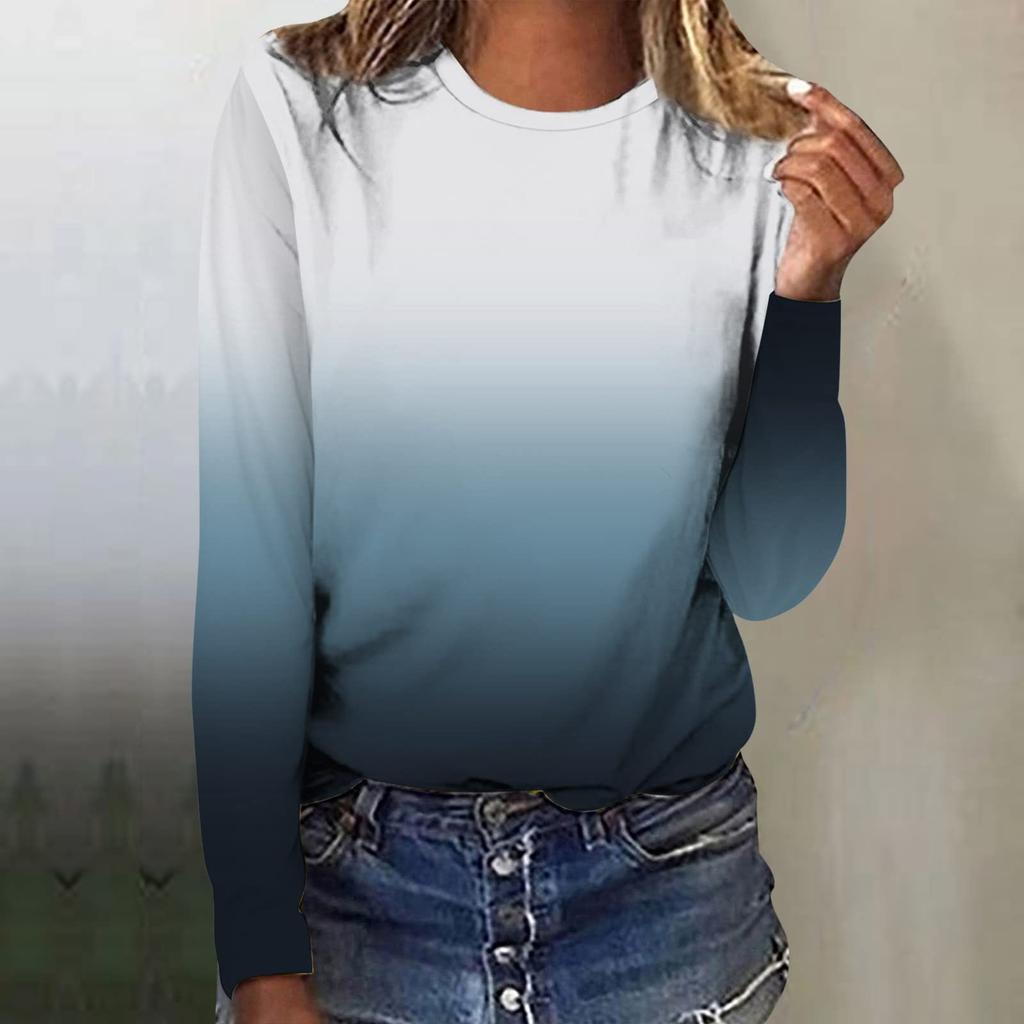 Женская мода повседневный топ с длинным рукавом с градиентным принтом и круглым вырезом