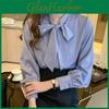 2022 Spring Loose Tops Korean Satin Fashion Chiffon Blouse Women White Office Lady Clothes With Bow Blue Long Sleeve Shirt 10691