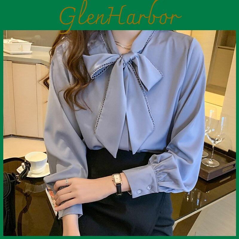 2022 Spring Loose Tops Korean Satin Fashion Chiffon Blouse Women White Office Lady Clothes With Bow Blue Long Sleeve Shirt 10691