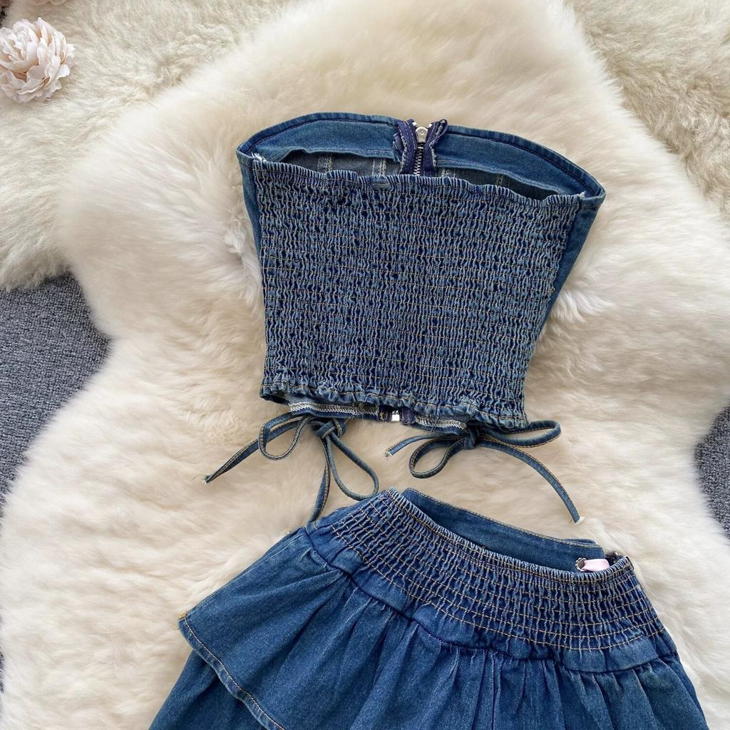 Джинсовые комплекты для девочек, милые комплекты из двух предметов, женские топы на молнии без бретелек Y2K, эластичные мини-кюлоты, женская мода, уличная одежда на шнуровке, костюмы 2024