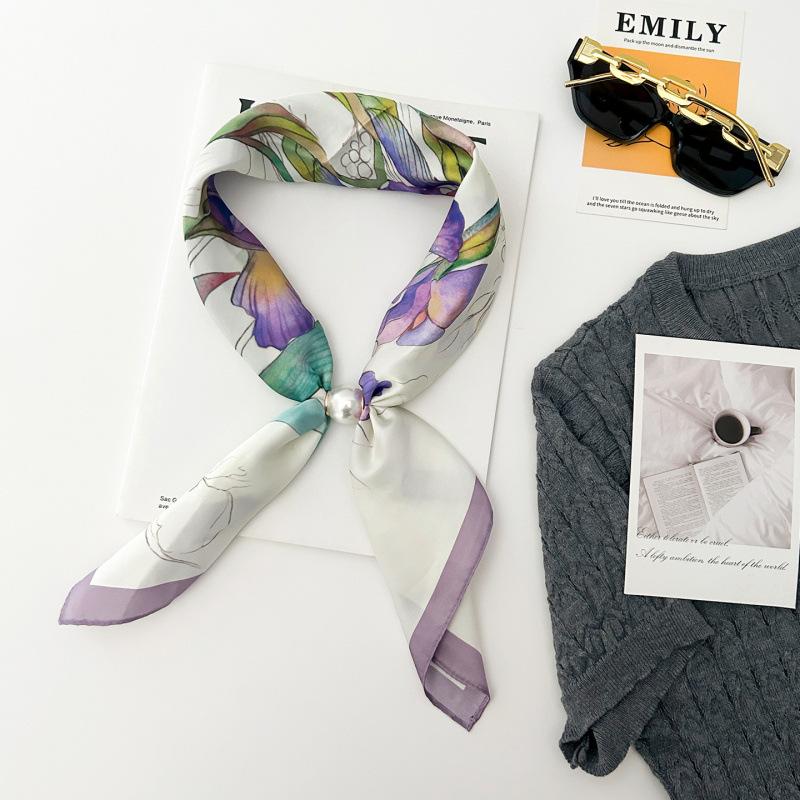 Summer Fresh Flower Print Silk Scarf Silk Satin Magnetic Silk Scarf Lazy Silk Scarf Thin Women'S Scarf