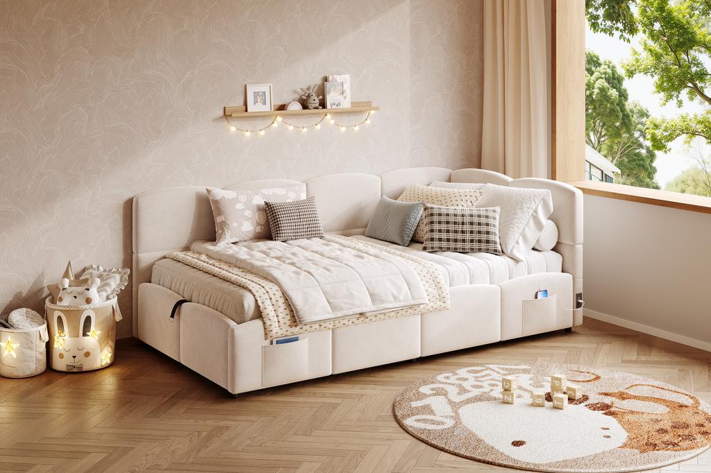 Upholstered Bed, Children's Bed, Storage Bed, Sofa Bed 90x200 cm, with Slatted Frame, USB Charger, Velvet, Beige (without mattress)