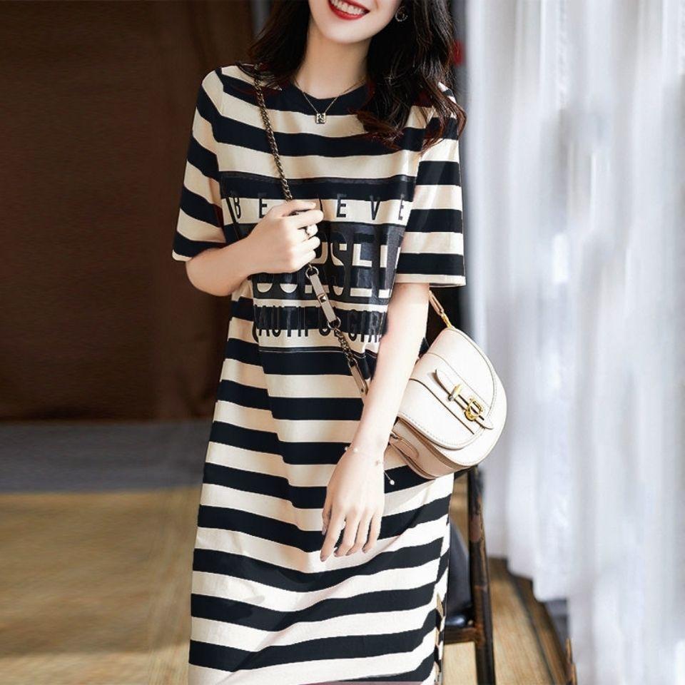 Summer Loose Slim Striped Print T-shirt Dress for Women's Korean Mid-length Short-sleeved Skirt