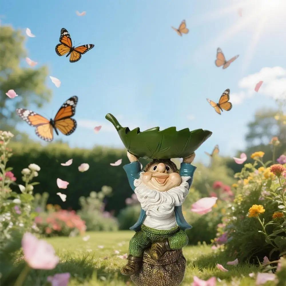 Resin Bird Feeder Holding Leaves Garden Gnome Statue Creative Dwarf Sculpture Patio