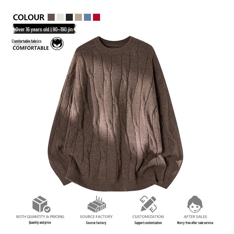 2026 Youth Japanese Style Chunky Knit Loose Sweater for Men - Autumn/Winter Long Sleeve Round Neck Trendy Couple Knitwear