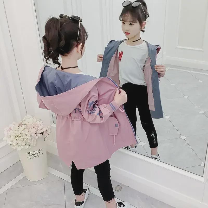 2022 Spring/Autumn Girls' Mid-Length Korean Style Fashion Windbreaker Coats for Children