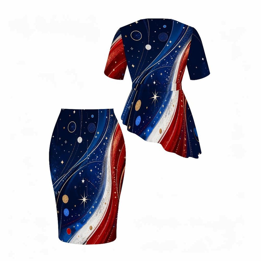Women Plus Size Round Neck Short Sleeve Navy Red Printed Asymmetric Top And Fitted Skirt Two Piece Set