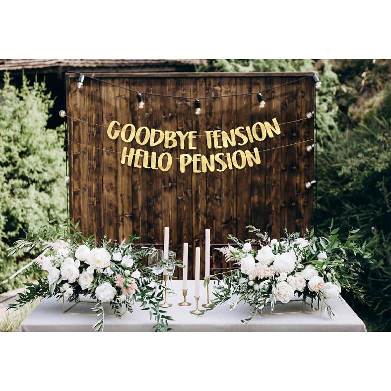 Goodbye Tension Hello Pension Gold Glitter Banner - Retirement Party Supplies, Gifts and Decorations