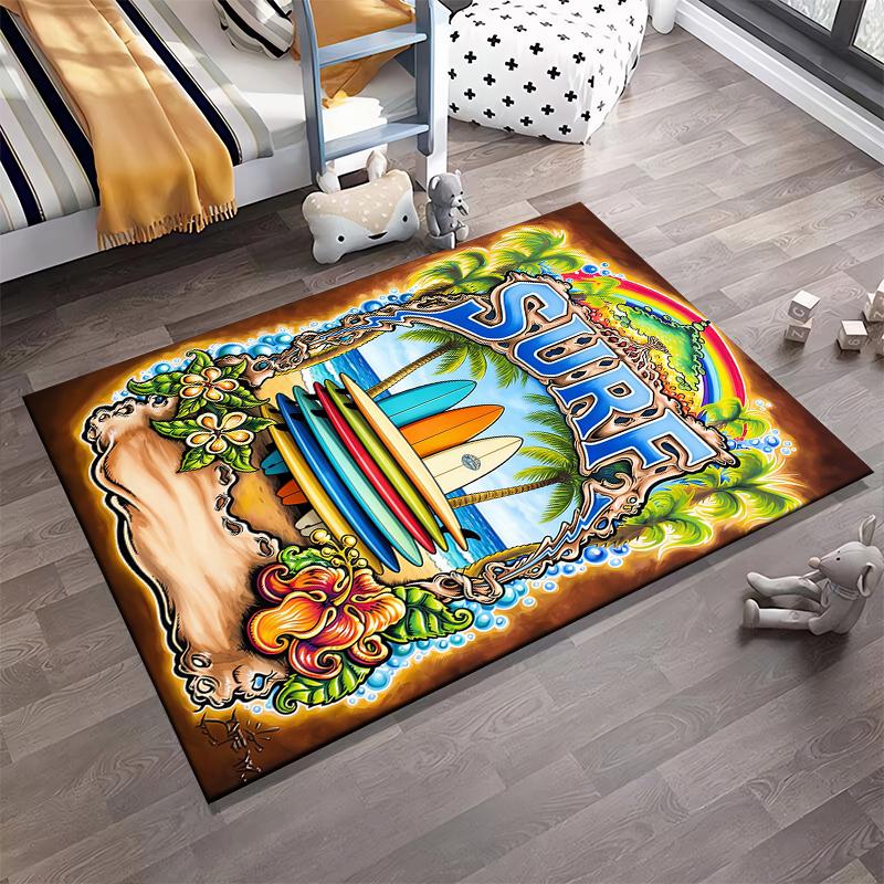 Colorful Tropical Surfboard Carpet with Beach Scene and Palm Trees Suitable for use as an anti-slip for living room bedroom sofas