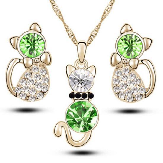 Crystal Cat 3pcs Shaped Necklace Earrings Jewelry Set  Gift Teen Girls Women For