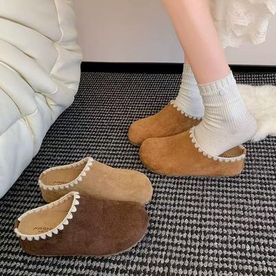 Ретро замшевые Boken полушлепанцы 2025 ранняя осень новинка кружево толстая подошва ощущение лени увеличенные ленивые сумка голова тапочки