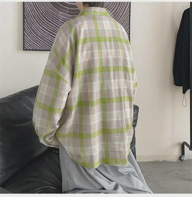 Мужская летняя рубашка из шелка Ice Silk с длинными рукавами в клетку — модный свободный топ с защитой от солнца для пар