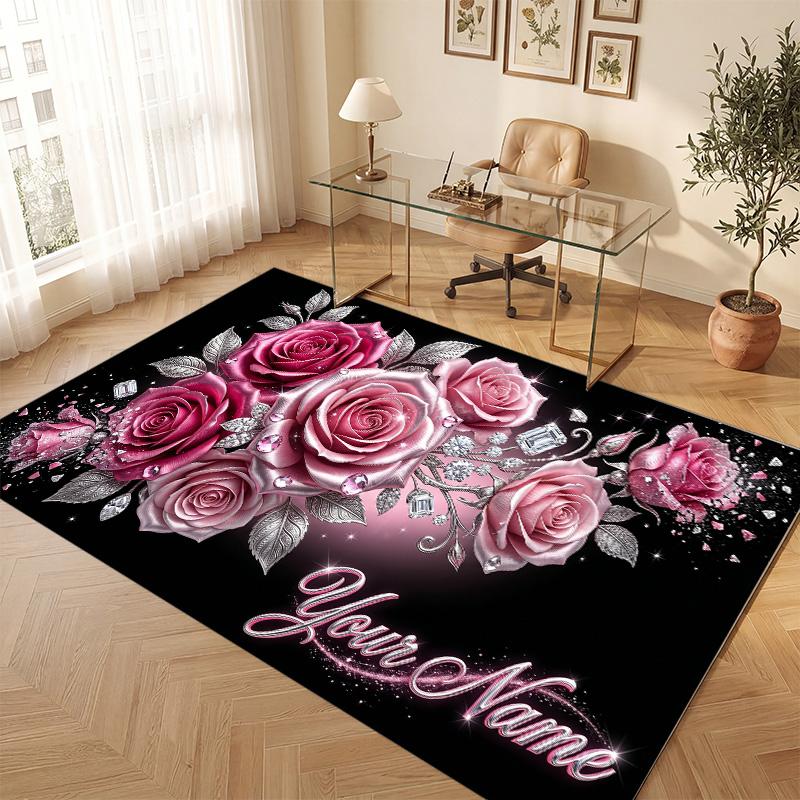 Floral Garden Theme Soft Crystal Velvet Rug Custom Name & Text Print Non Slip Floor Rug for Bedroom Living Room