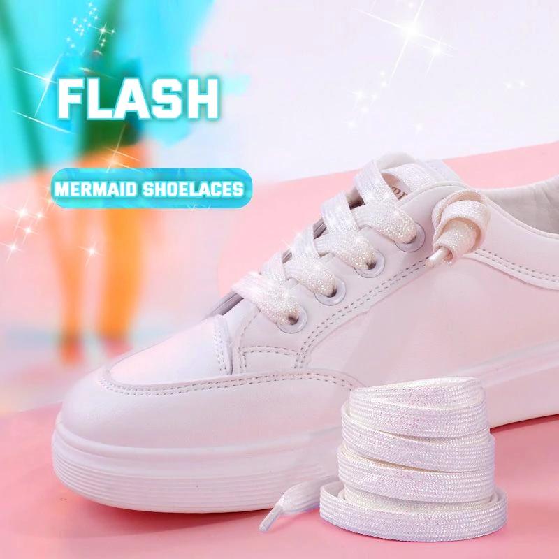 2 Pair Glitter White Shoelaces of Sneakers Colorful Shoelaces Metallic Shiny Gold Shoelace Silver Flat Shoe Laces Running Laces