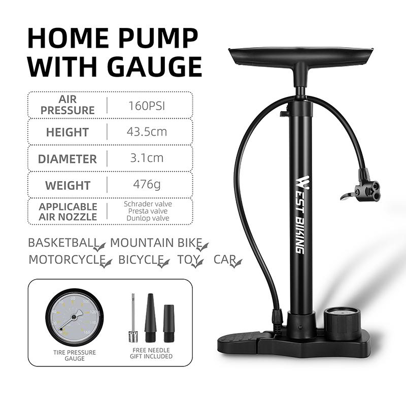 WEST BIKING High Pressure Bicycle Air Pump With Pressure Gauge 160 PSI Stainless Steel Floor Pump MTB Road Bike Tire Inflator