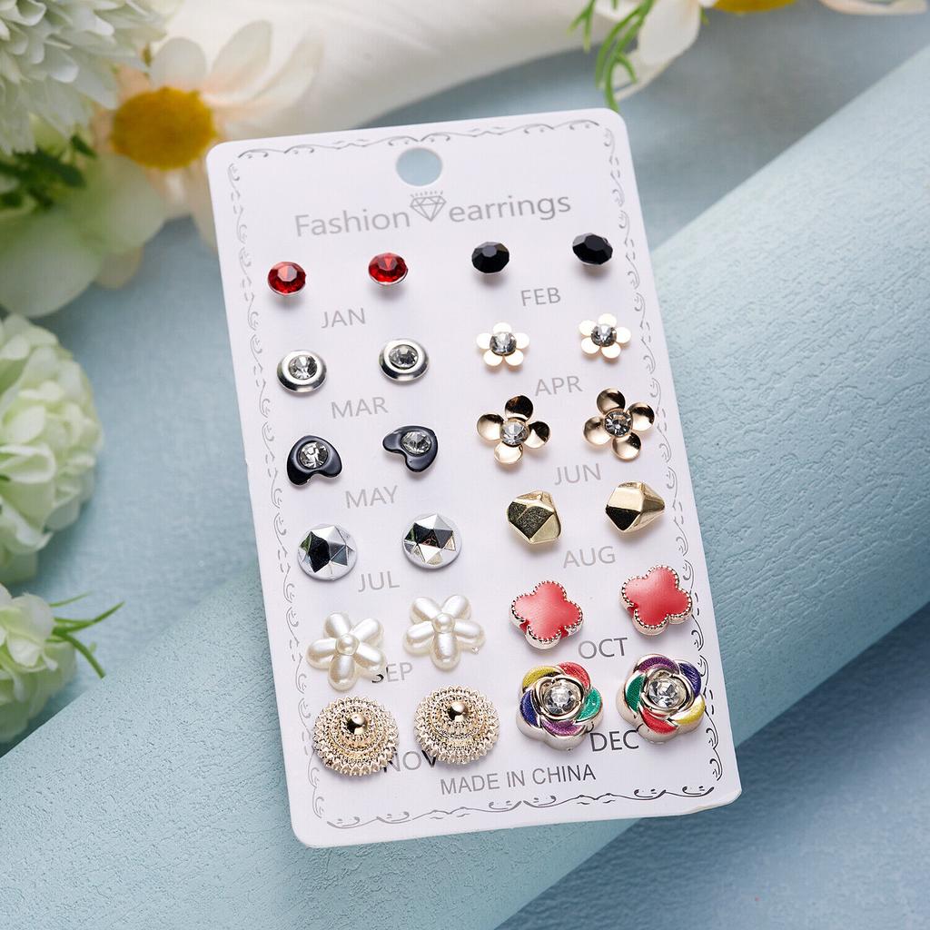 12 Pairs Earrings Set Stud Crystal Pearl Butterfly Flower Heart Women Jewelry