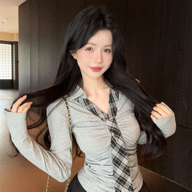 Women's Preppy Polo Collar Long Sleeve Top Plaid Tie Decor Ruched Slim Fit Cropped Blouse