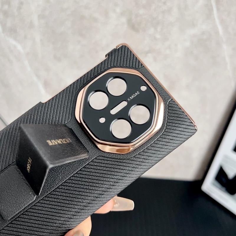 Luxury Plating PU Leather Double Hinge Wrist Strap Stand Back Case for Huawei Mate XTs Ultimate 5G Camera Lens protection Cover