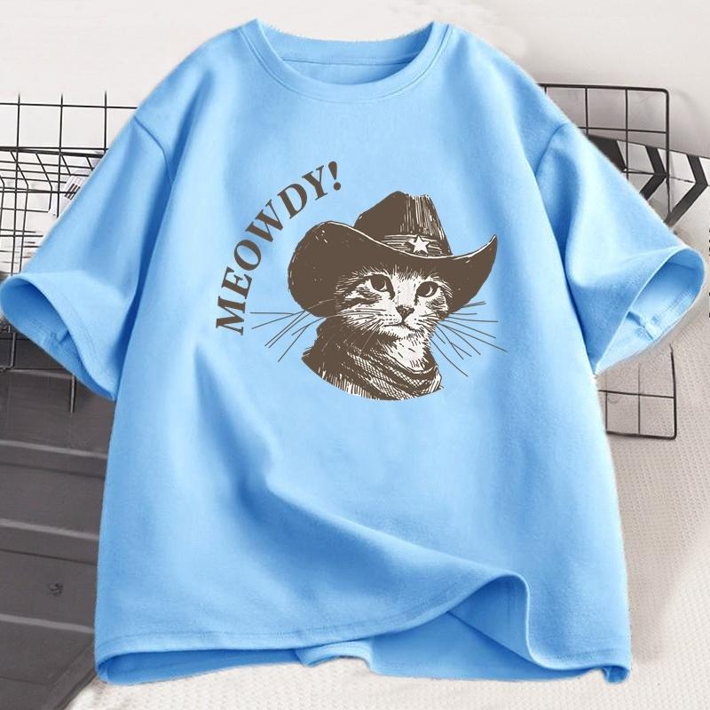 Meowdy Ковбойский Кот Футболка Унисекс Винтажная Футболка с Котом-Ковбоем 90-х Забавная Милая Котёнок Кантри Вестерн Принт Футболка Стритвеар Топы