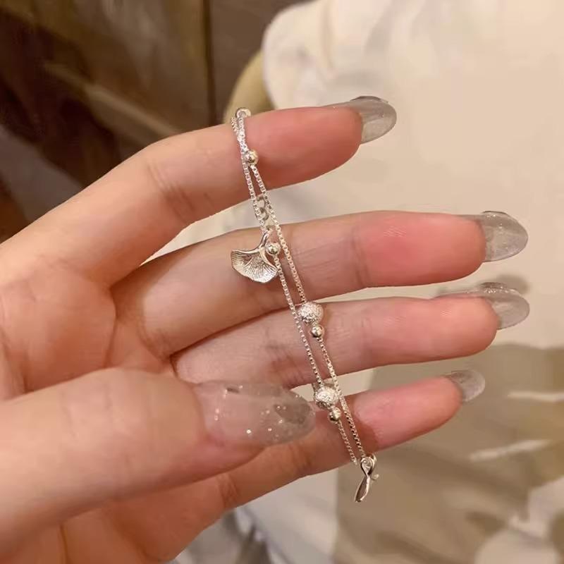 Sterling Silver Double Layer Stacked Ginkgo Leaf Bracelet Women Light Luxury Delicate Jewelry