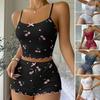 2 Pcs/Set Women Vest Shorts Suit Bow Cherry Print U Neck Sleeveless Top High Waist Short Trousers Homewear Loungewear Outfit Summer Sleepwear