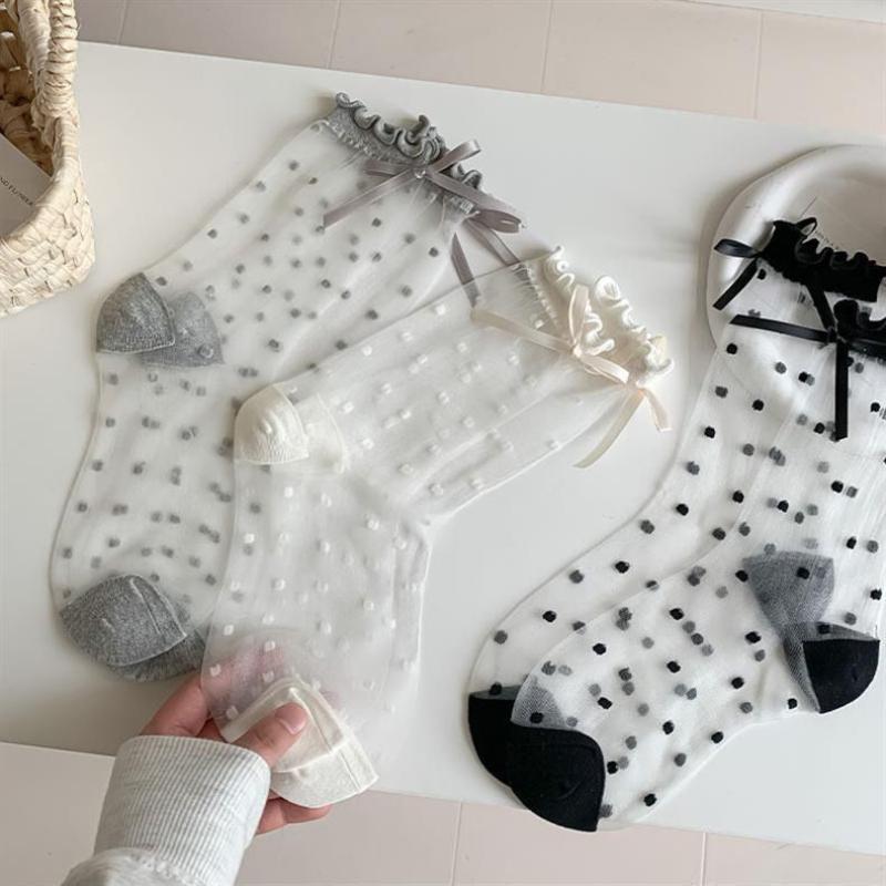 Glass Stockings Women's Summer Thin Transparent Sweet Bow Stockings Girl Style Cute Polka Dot Socks