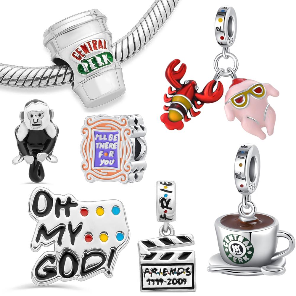 New 925 Silver Friends Series Coffee Turkey Charm Bead for DIY Bracelet Jewelry Accessories