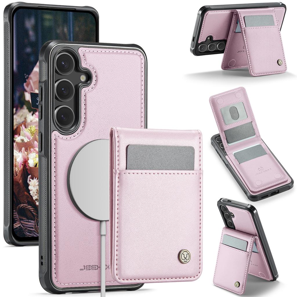 For Samsung Galaxy S26+ Leather Back Cover JEEHOOD J06 Magnetic Phone Case with Card Bag RFID Blocking