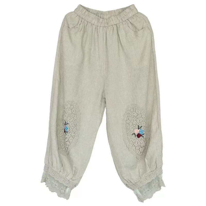 Артистичные винтажные шаровары брюки девять четвертей женские летние свободные вышитые кружевные шаровары повседневные брюки из хлопка и пеньки