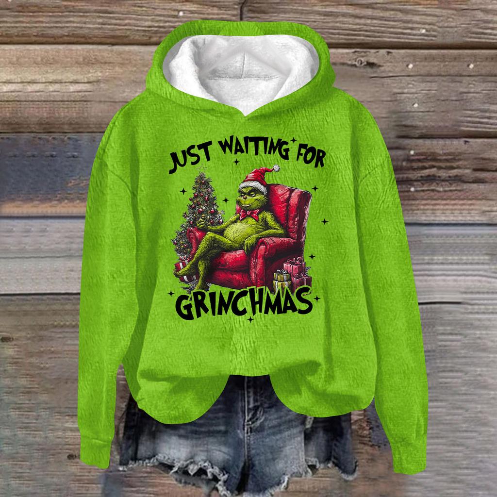 Women's Fashion Casual Long Sleeve Christmas Printed Flannel Top Hooded Sweatshirt