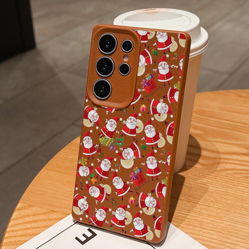 Samsung A07 Xiaomi Redmi 13C 14C для iPhone 17 Pro Max Infinix Realme Чехлы для телефонов Мягкий коричневый Кожаный узор TPU Чехол NY59 Санта Клаус С Новым Годом