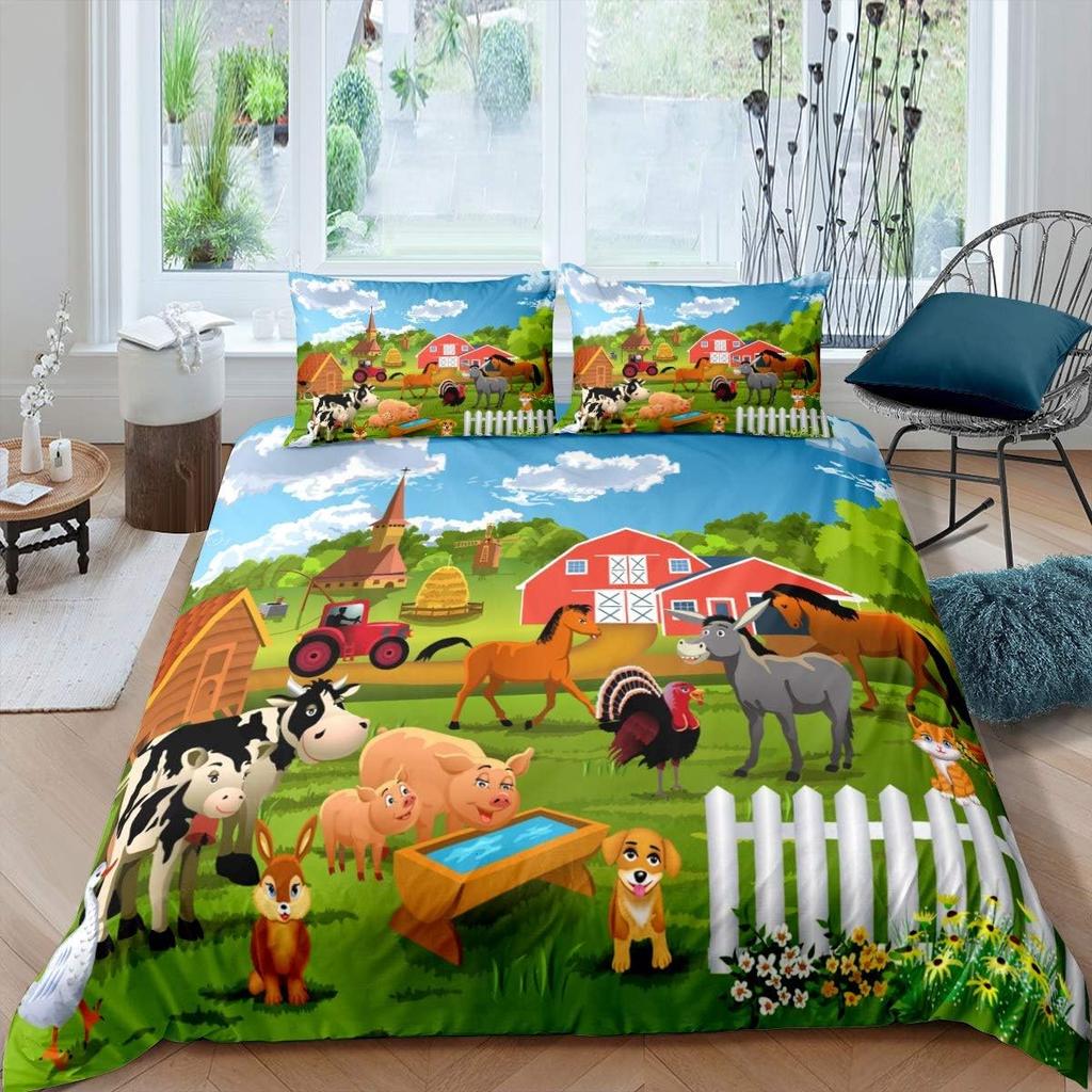 Cartoon Animal Duvet Cover Set, Farm Animal Comforter Cover, Rustic Farmhouse Bedding Set Twin Queen For Kids Boys Girls Adults