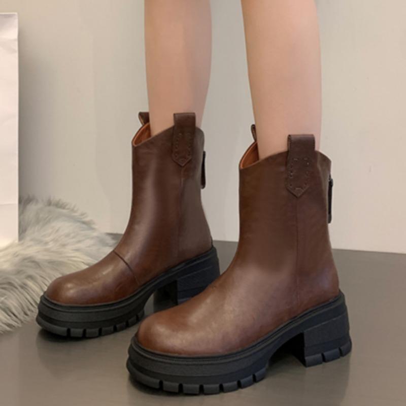 2024 Новые зимние модные женские однотонные сапоги на толстой подошве длиной до щиколотки с застежкой-молнией сзади на высоком каблуке длиной до середины икры