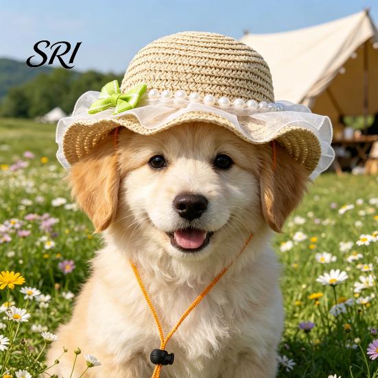 Pet Hat Scalloped Straw Cute Lace Ruffled Cat Sun Sweet Headwear with Buckle Summer for Cats Small Dogs Outdoor Travel Camping Comfortable