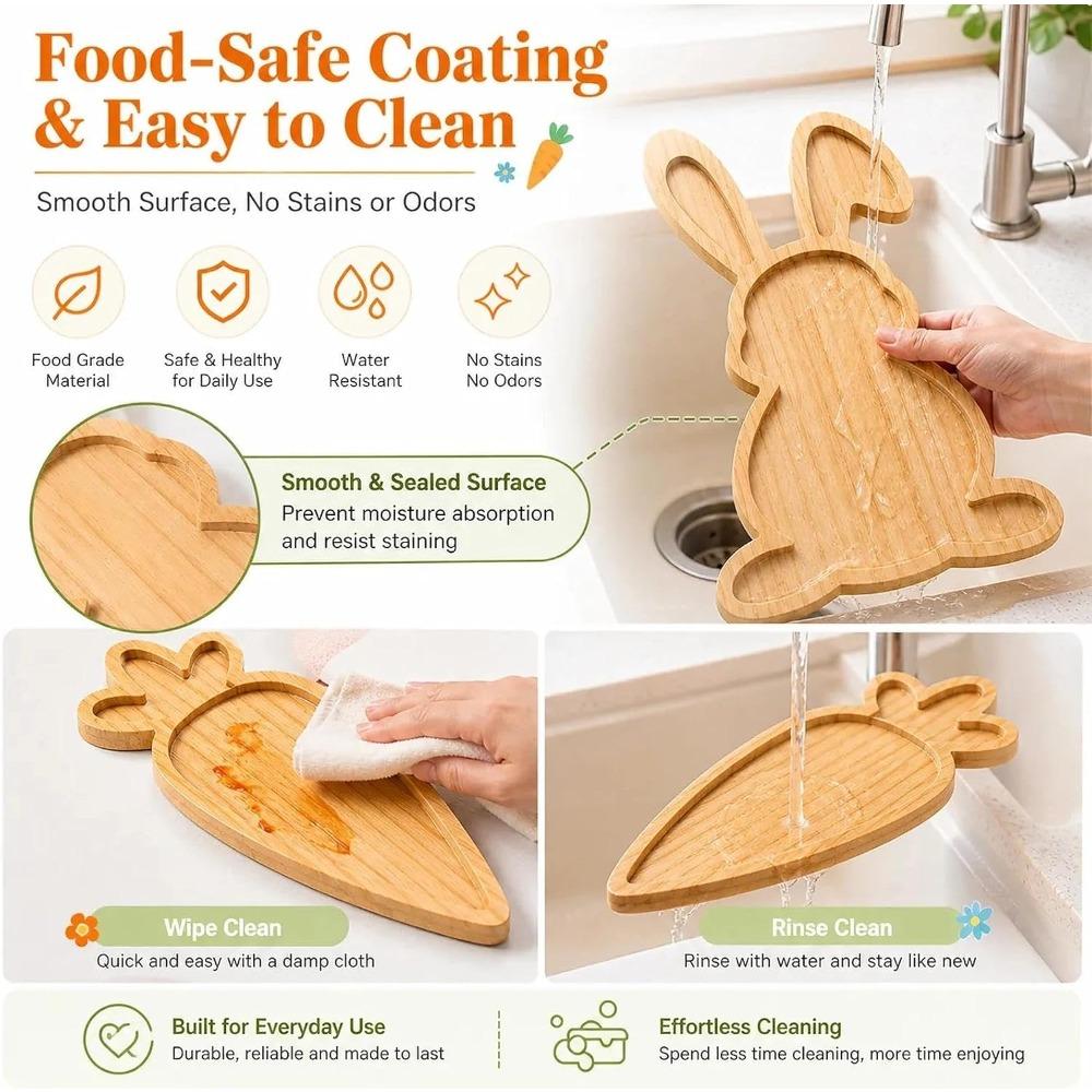 Easter Charcuterie Board Set 2PCS, Bunny and Carrot Wooden Serving Trays for Food, Rabbit Snack Platter for Party Hosting, Spring Holiday Table Decor