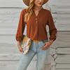 Women's Casual Button V-Neck Solid Color Long Sleeve Top