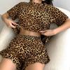 Summer Leopard Print Thin Pajamas Set for Women Homewear Sexy Loose Lotus Leaf Edge Short Sleeve Tops and Shorts 2 Pieces Short Pyjamas Sleepwear