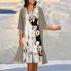 Women's Two-piece Dress Printed Vest Medium Length Dress Cardigan Jacket Suit