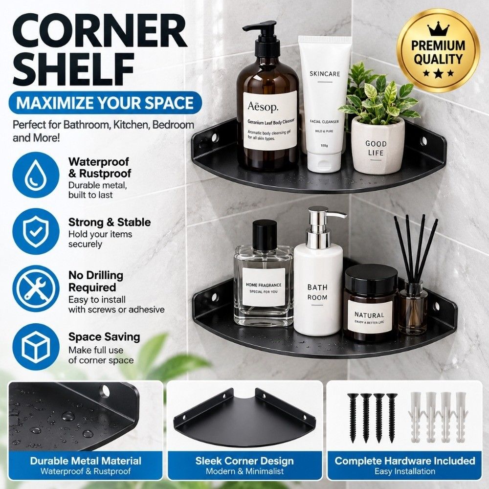 1/2Pcs Metal Floating Corner Shelf Wall Mounted Corner Shelf Organizer for Bathroom Shower