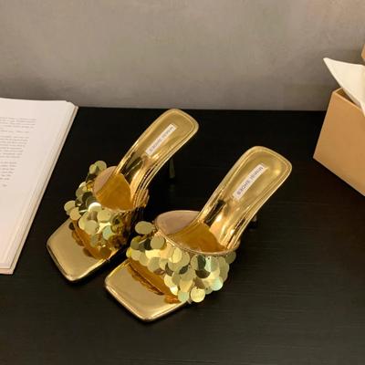 Летние популярные женские туфли на высоком каблуке и тапочки, модные и элегантные, с квадратным носком, универсальные серебристые женские туфли для отдыха на природе