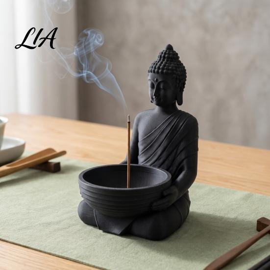 Desktop Buddha Statue Ornament 3D Printed Incense Holder for Stick Incense, Zen Burner Yoga Room Decor with Ash Catcher Bowl, Meditation Entryway Tea