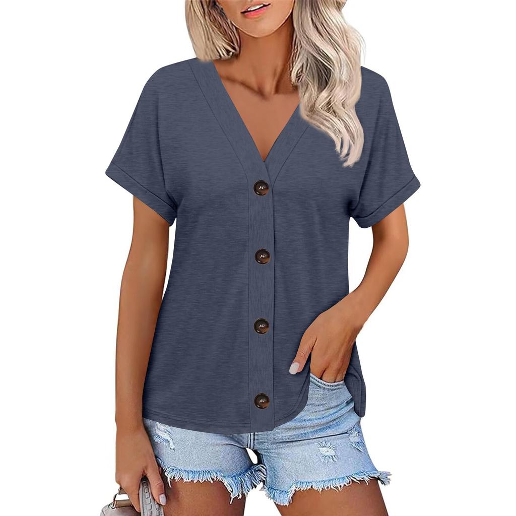 Women's Fashion Short-sleeved V-neck Solid Color Top Casual Button T-shirt
