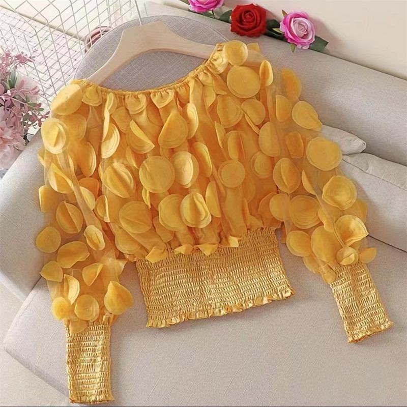 Модные 3D-цветы с рукавами-фонариками, облегающие сексуальные блузки для женщин, прозрачные сетчатые топы с вырезом-лодочкой, шифоновая рубашка для женщин, однотонная повседневная блузка с открытыми плечами 26475