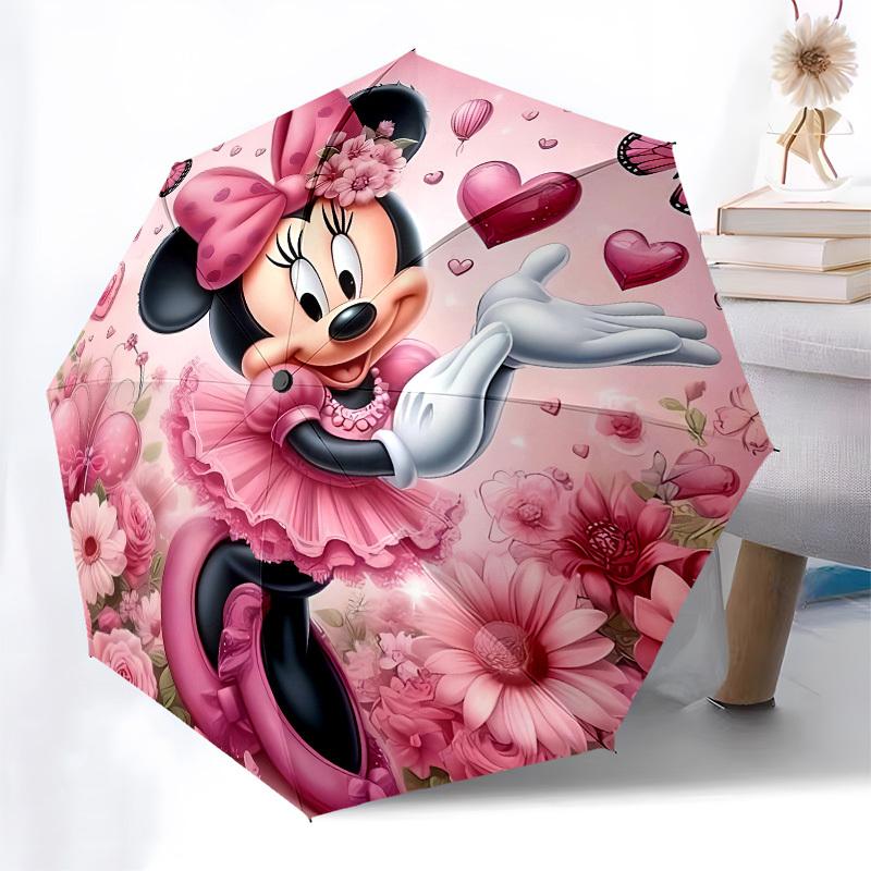 Minnie Mouse, Pink Floral Themed Automatic Opening and Closing Umbrella, Brightly Colored 8-rib Portable Umbrella