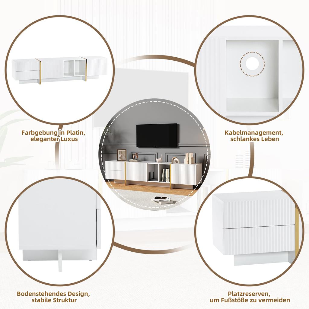 2 Türen, 2 Schubladen, 2 offene Fächer, TV-Regal Fernseher bis zu 80 Zoll, Moderner TV Board Lowboard Wohnzimmer, Esszimmer, Weiß, 190cm