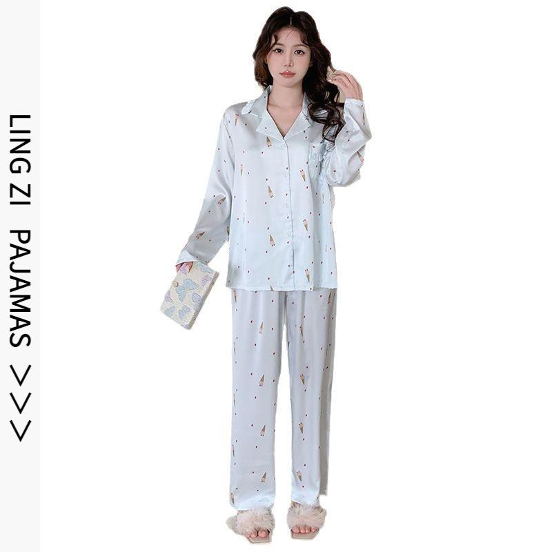 1011 New Blue Frost Ice Silk Pajamas Women's Sweet Wind Lapel Premium Sense Cute Thin Loungewear Set