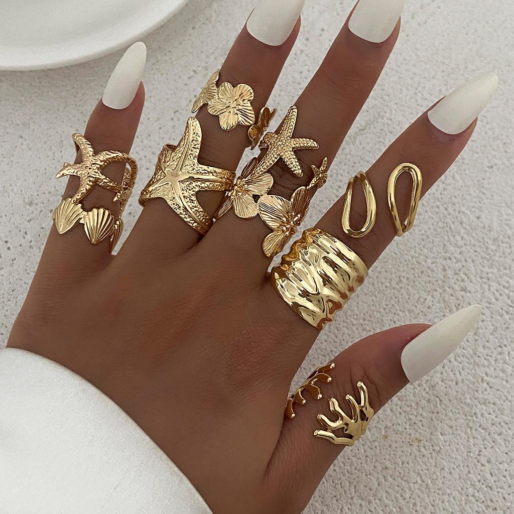 SHIXIN 9 Pcs Creative Starfish Scallop Flower Open Rings Set for Women Bohemian Irregular Adjustable Ring Beach Daily Jewelry