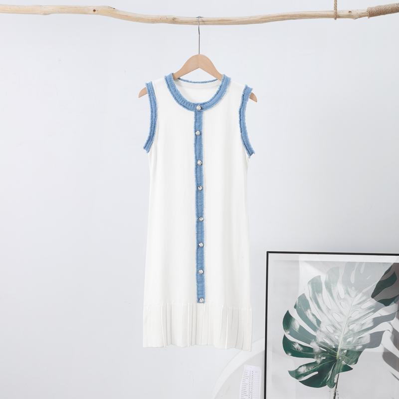 Трикотажное платье для женщин с О-образным вырезом без рукавов однобортные платья весна-лето женское модное платье с высокой талией