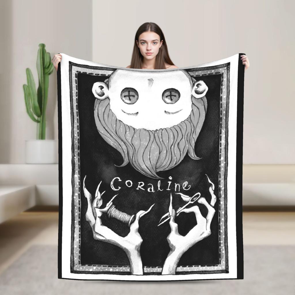 Coraline Halloween Horror Blankets Fleece Print Multifunction Lightweight Throw Blankets for Bed Bedroom Bedspread
